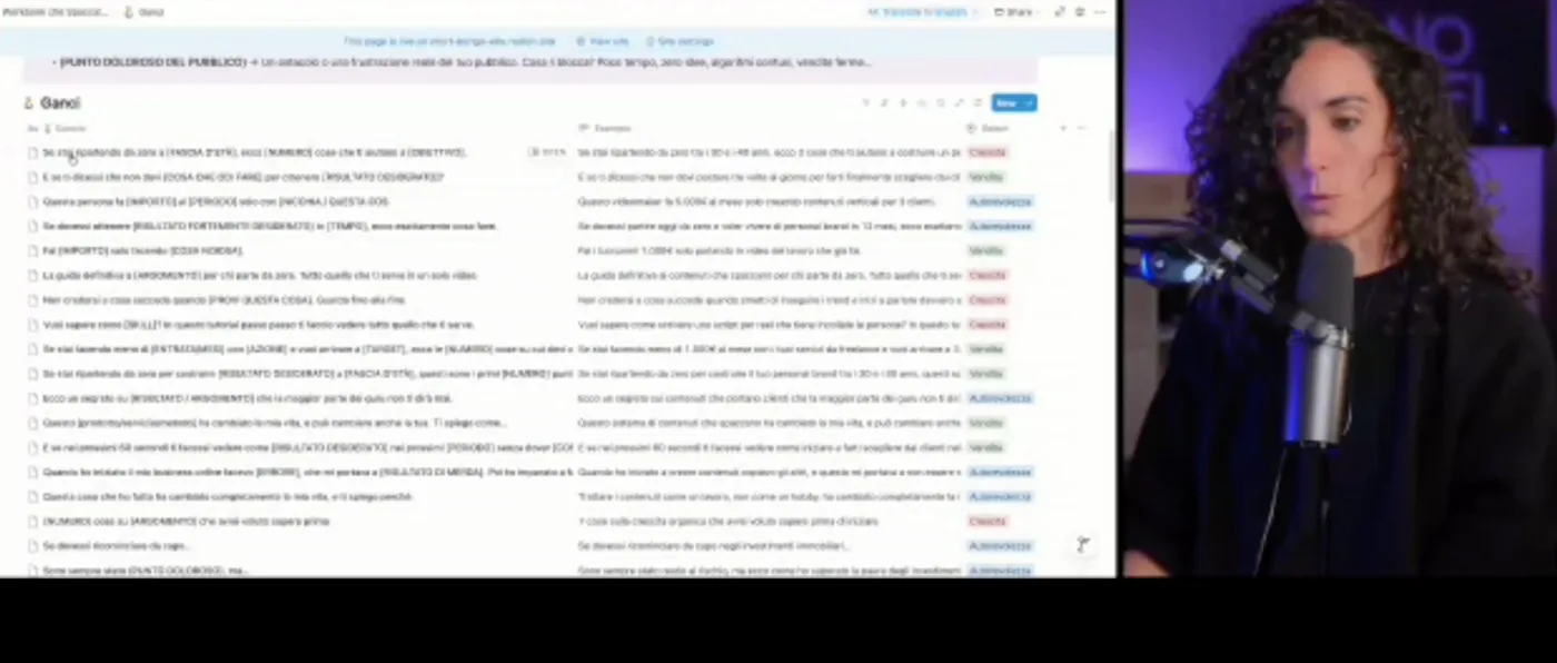La libreria di ganci in Notion, mostrata dal vivo in live