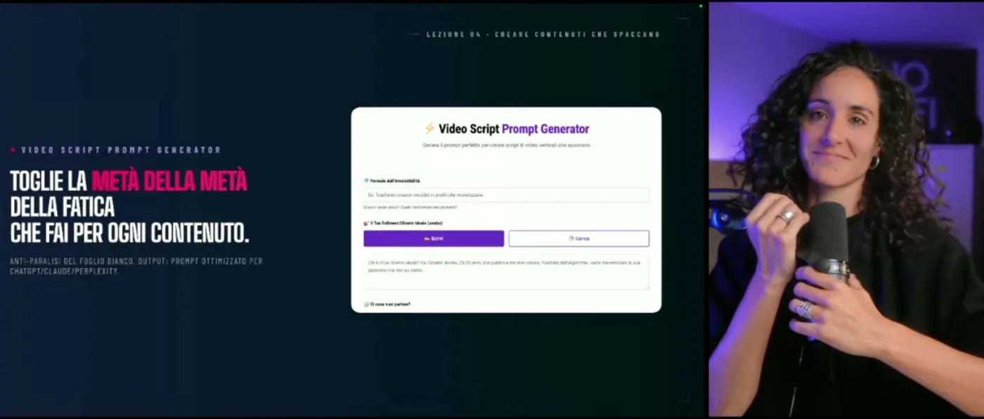 Il Video Script Prompt Generator mostrato in live